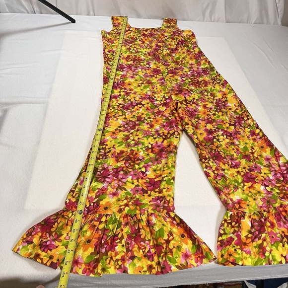 Vintage 60s 70s Psychedelic Mod Bell Bottom Jumpsuit Floral Pink Red Yellow - Picture 6 of 15